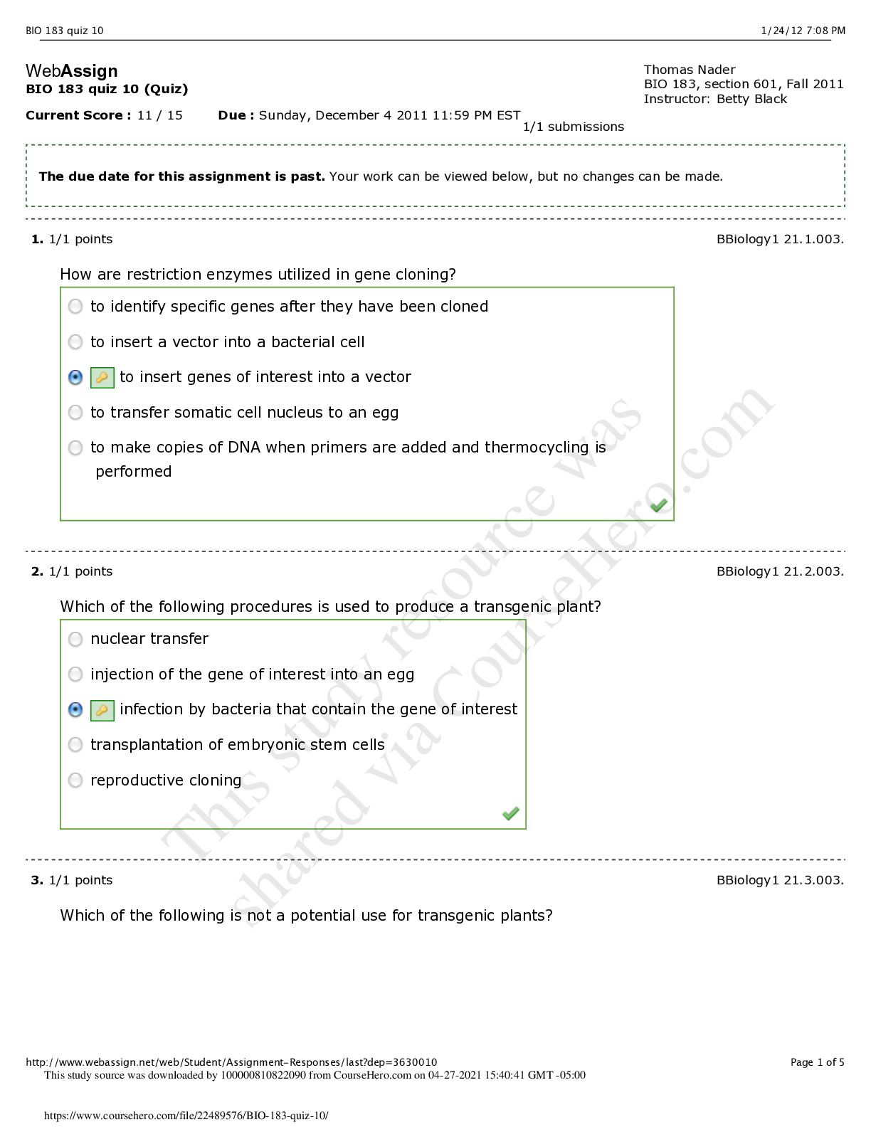 Preview image of BIO 183 Quiz 10: section 601. webassign. 13 QnA. document